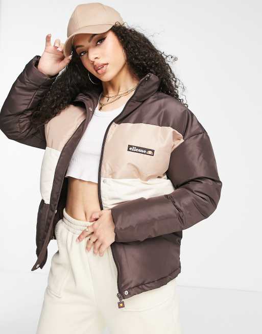 ellesse coffee pack blocked puffer jacket with logo in ecru and brown ...