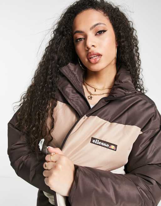 ellesse Coffee Pack blocked puffer jacket with logo in ecru and brown