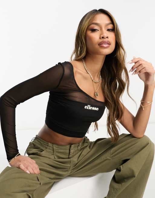 ASOS DESIGN mesh crop top with long sleeve in wave flock in black