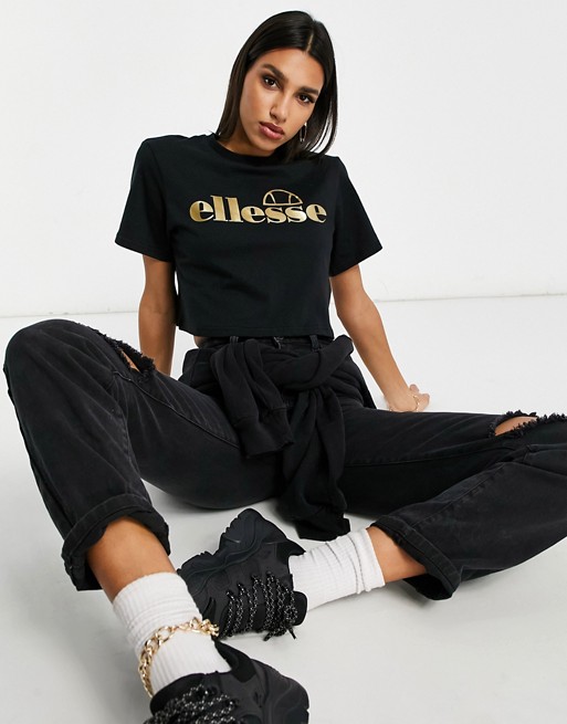 ellesse crop t-shirt in black and gold- exclusive to ASOS
