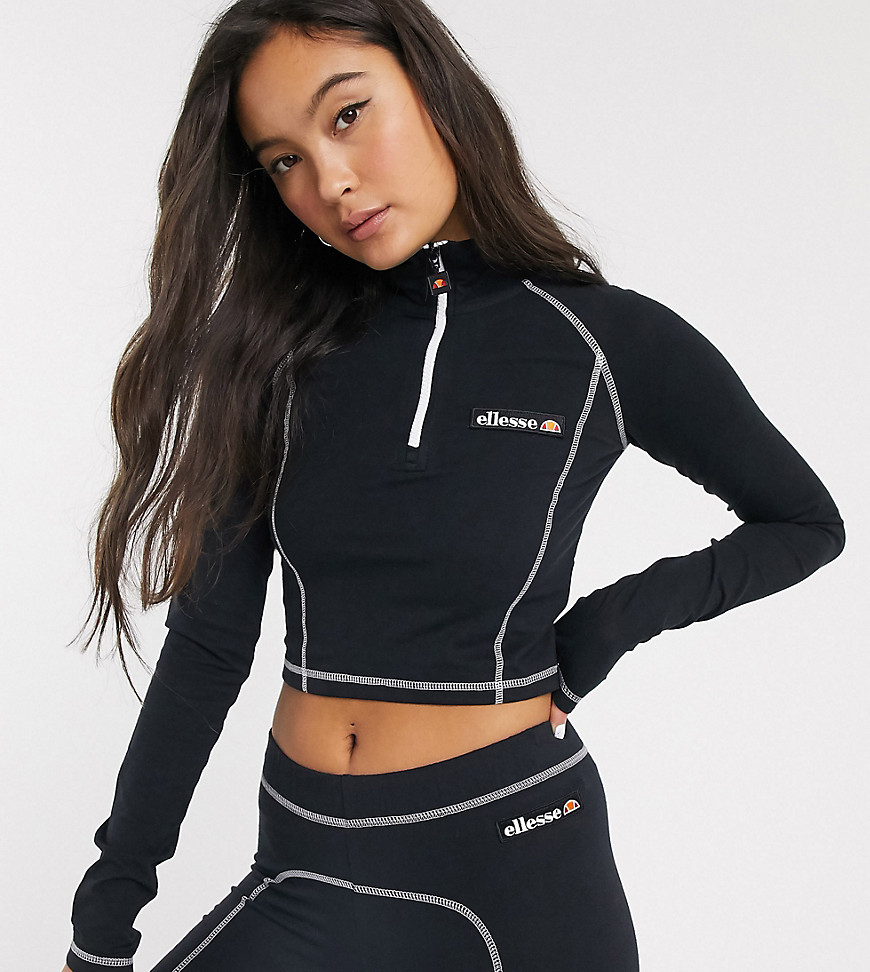 Ellesse cropped long sleeve top with half zip and contrast stitching co-ord-Black