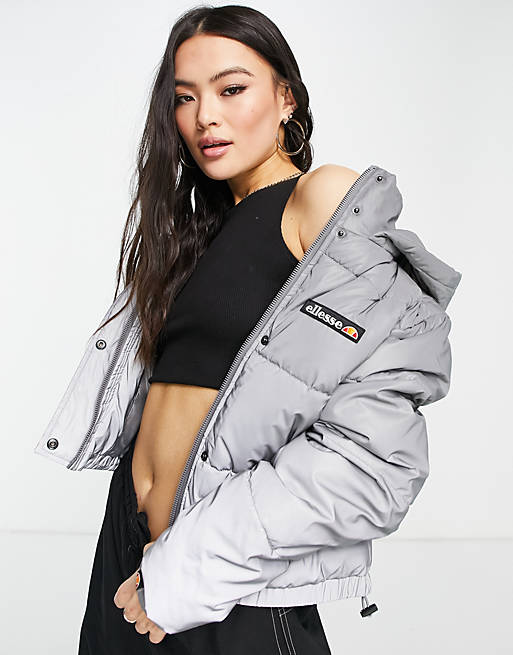 ellesse cropped reflective puffer jacket in silver