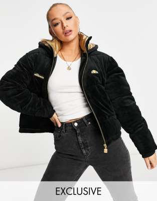 Ellesse Cropped Velour Puffer Jacket In Black And Gold - Exclusive