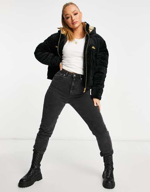 ellesse cropped velour puffer jacket in black and gold - exclusive to ASOS