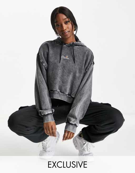 ellesse – Czarna bluza z kapturem z logo z efektem acid wash