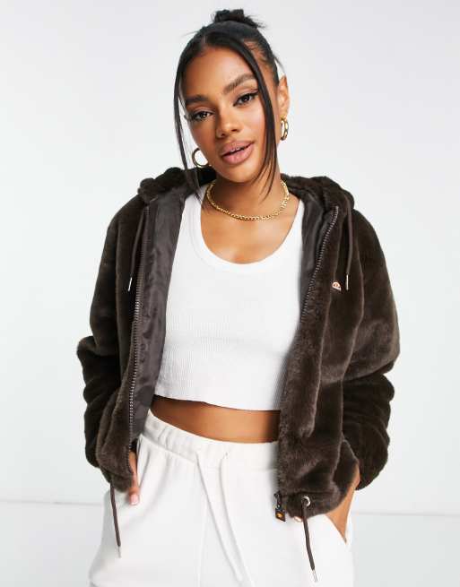 Ellesse Cropped Velour Puffer Jacket In Black And Gold