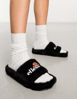 ellesse Filippo faux fur slider slippers in black