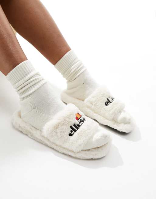 ellesse Filippo faux fur slider slippers in off white