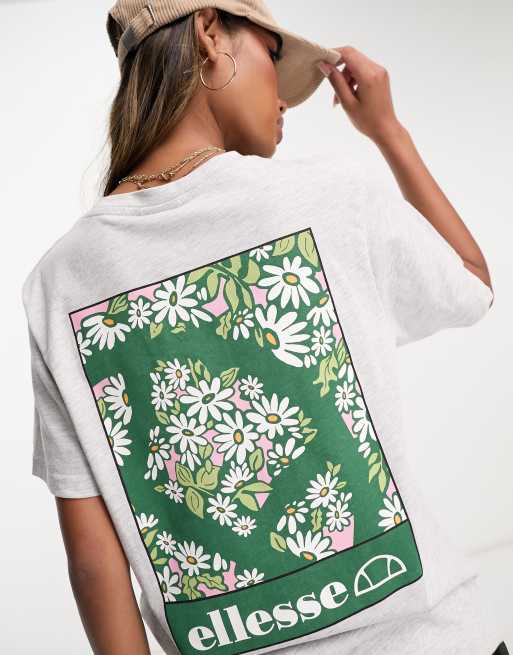 ellesse – Floren – T-Shirt in Grau mit Gänseblümchen-Print auf dem Rücken