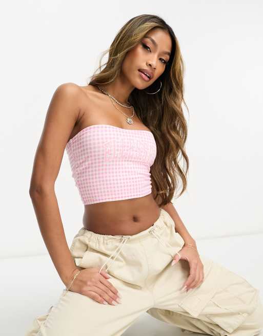 ellesse Folliero bandeau top in pink gingham plaid