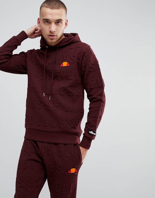 ellesse Hoodie With All Over Embossed Logo In Burgundy