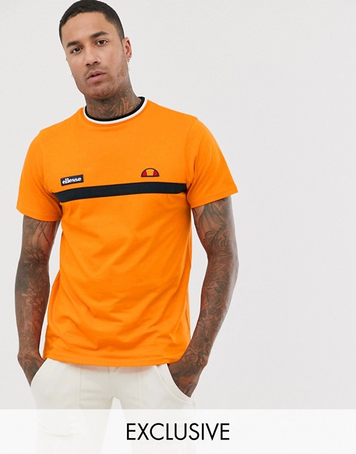 ellesse Lamora stripe t-shirt with rib neck in orange exclusive at ASOS
