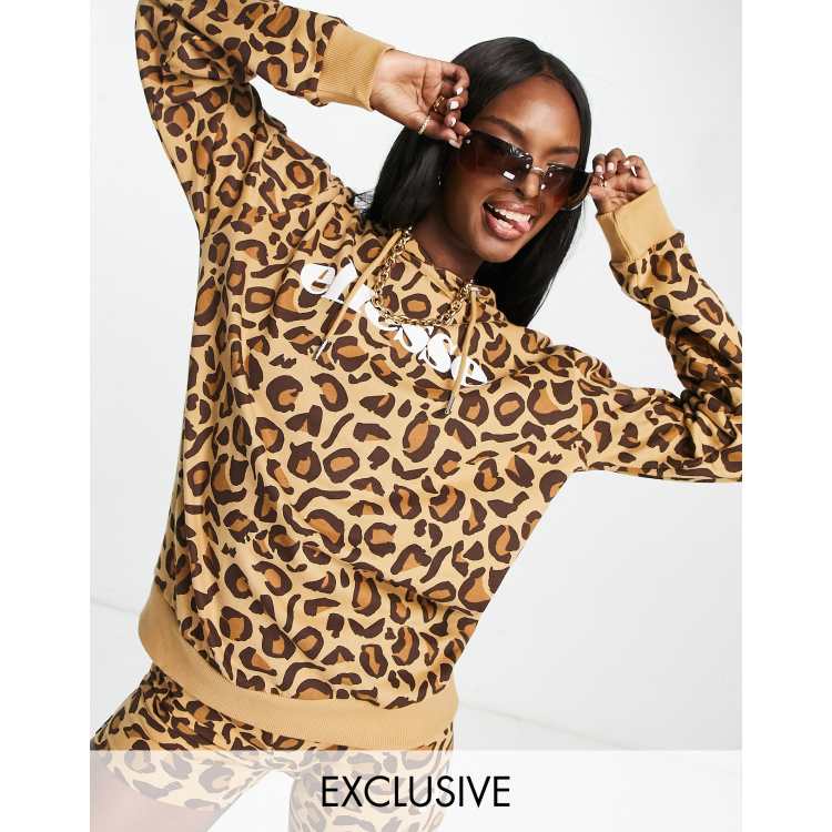 ellesse leopard print hoodie with logo in brown