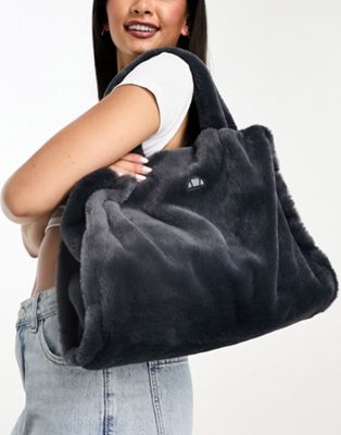 Ellesse Limos faux fur tote bag in dark grey