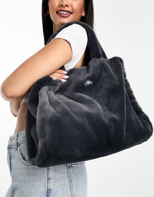 Ellesse Limos faux fur tote bag in dark grey