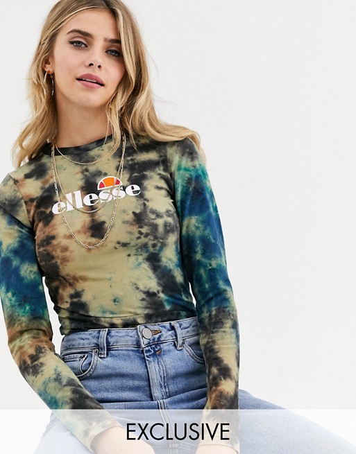Ellesse long sleeeve fitted top with logo in washed tie dye
