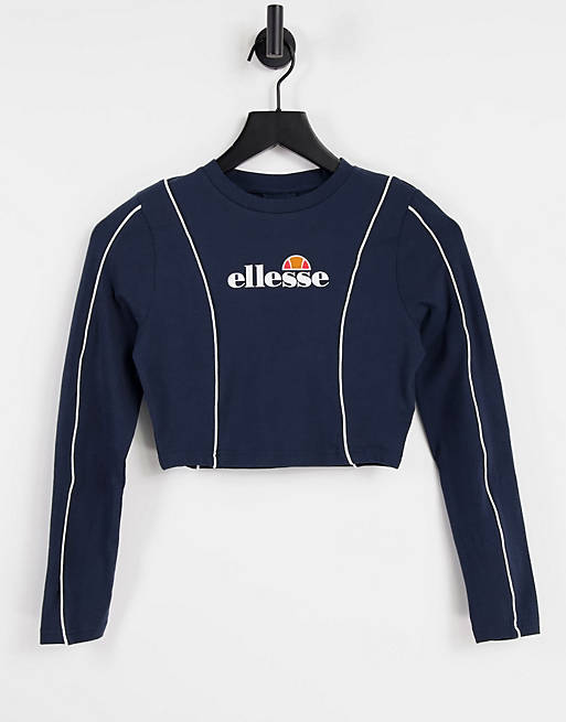 ellesse long sleeve crop top with piping in navy