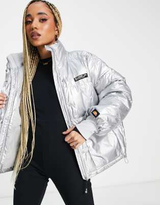 ellesse – Metaliczna puchowa kurtka w kolorze srebra z logo