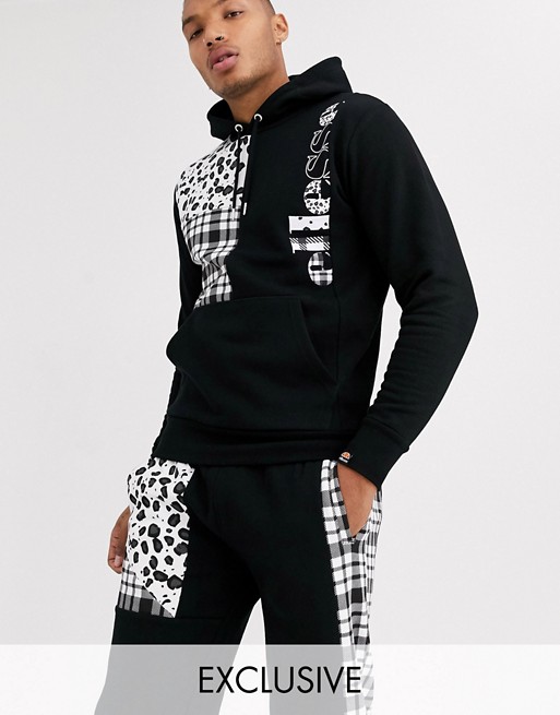 ellesse Oliver patchwork panel hoodie in black exclusive at ASOS