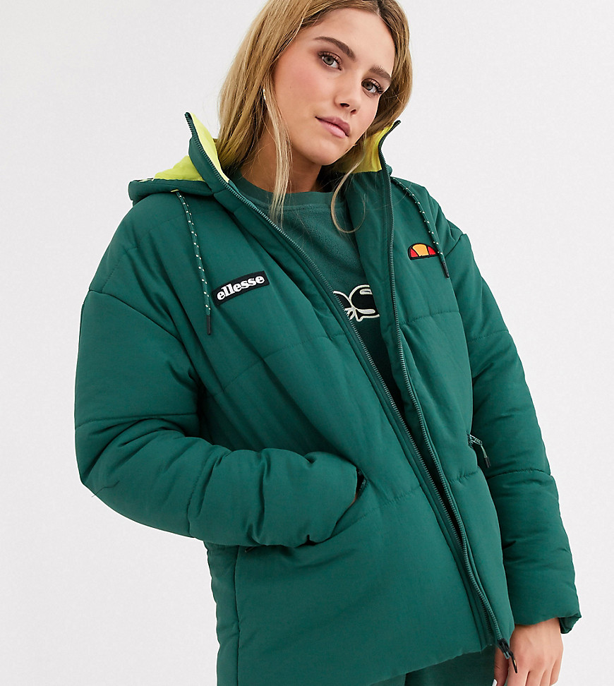 Ellesse oversized padded jacket with chest logo and contrast neon lining-Green