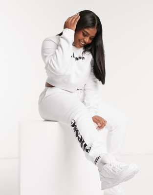 white sweatshirt and sweatpants set