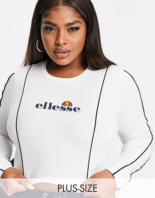 ellesse plus long sleeve crop top with piping in white