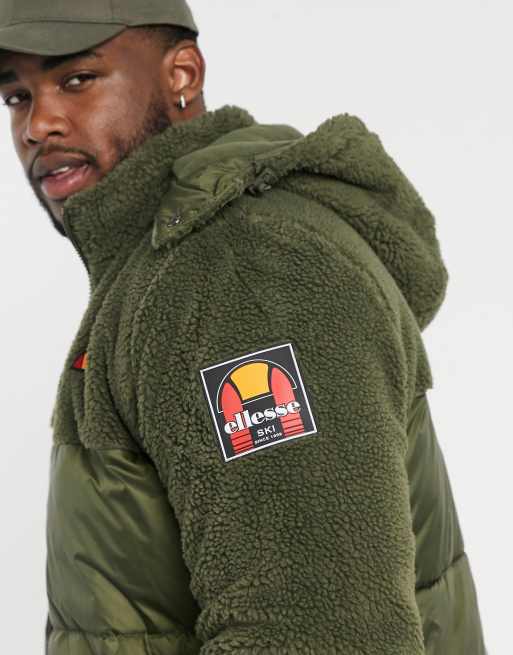 ellesse PLUS mix sherpa puffer jacket in khaki ASOS