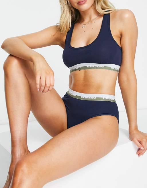 ellesse scoop neck bralet and briefs set with stripe banding in navy