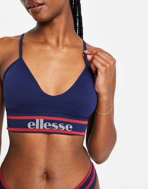 Ellesse seamfree bra and thong set with logo stripe in navy, 3 of 4