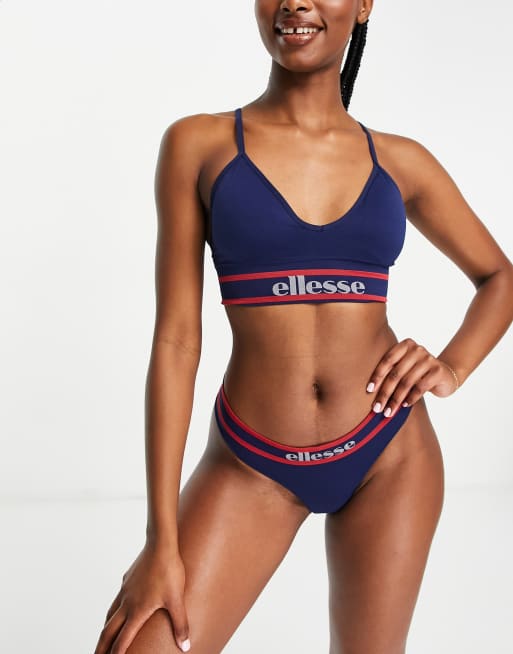 Ellesse seamfree bra and thong set with logo stripe in navy