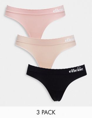 Ellesse seamfree scallop 3 pack thongs in beige/black/pink