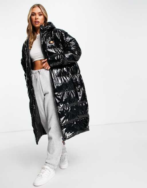 ellesse – Svart, lång pufferjacka i wetlook