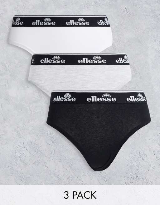 Ellesse – Svarta, vita och gråa trosor med hög benskärning och logga på midjebandet, 3-pack 