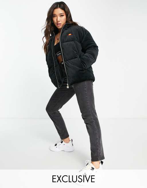 Black velvet cheap puffer jacket women's