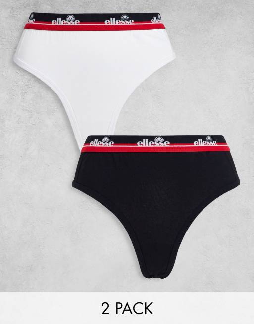 ellesse – Zestaw 2 par stringów w kolorach białym i czarnym ze wstawkami z siateczki i kontrastowym wykończeniem z logo