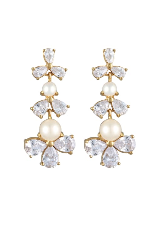 Elli - Boucles d'oreilles à pendentif fleurs à zircons en argent massif 925 plaqué or - Doré
