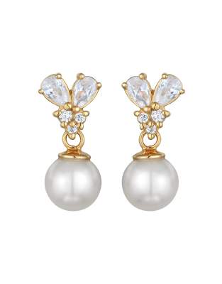 Elli - Boucles d'oreilles élégantes avec pendant en perles synthétiques et zircons en plaqué or argent massif 925 - Doré