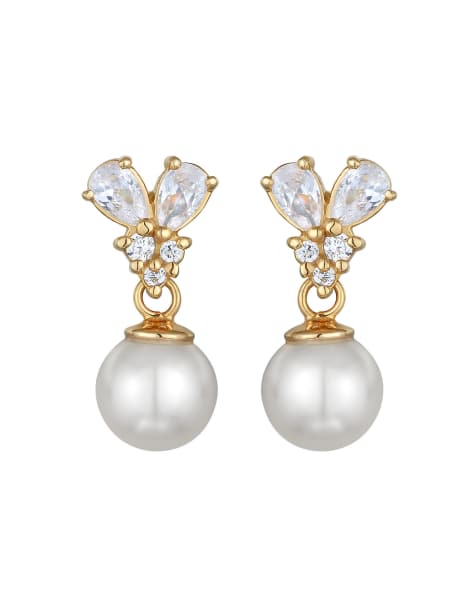 Elli - Boucles d'oreilles élégantes avec pendant en perles synthétiques et zircons en plaqué or argent massif 925 - Doré - view 1