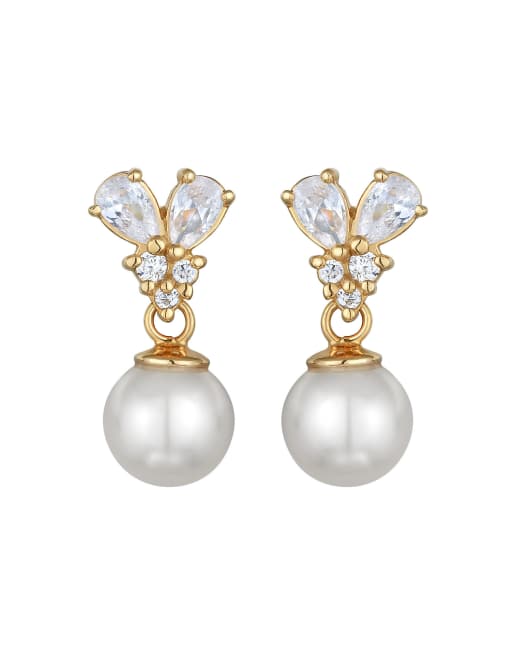 Elli - Boucles d'oreilles élégantes avec pendant en perles synthétiques et zircons en plaqué or argent massif 925 - Doré