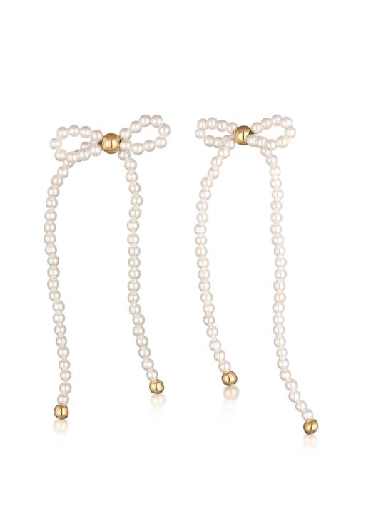 Elli - Boucles d'oreilles nœuds pendantes en perles et argent sterling 925 plaqué or - Blanc