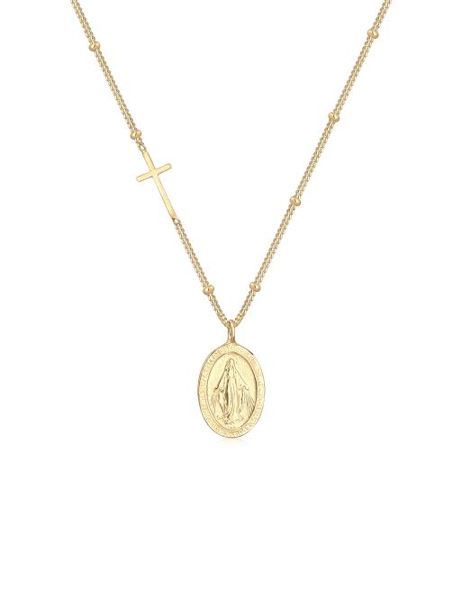 Elli - Collana a catenella con sfere e croce e ciondolo con forma di Maria in argento sterling 925 color oro