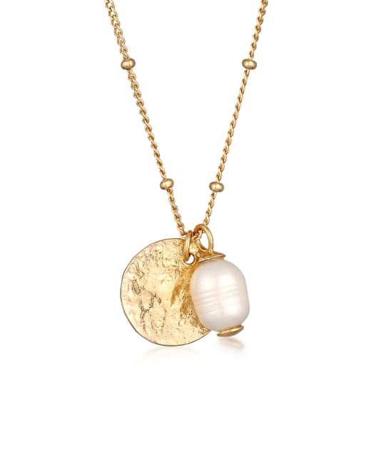 Elli - Collier avec médaillon plate vintage et perle de culture d'eau douce en argent massif 925 - Doré