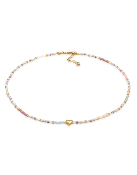Elli - Collier ras de cou avec perles en verre et cœur en argent massif 925 plaqué or - Doré - view 1