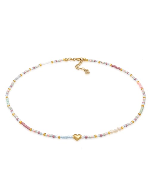 Elli - Collier ras de cou avec perles en verre et cœur en argent massif 925 plaqué or - Doré