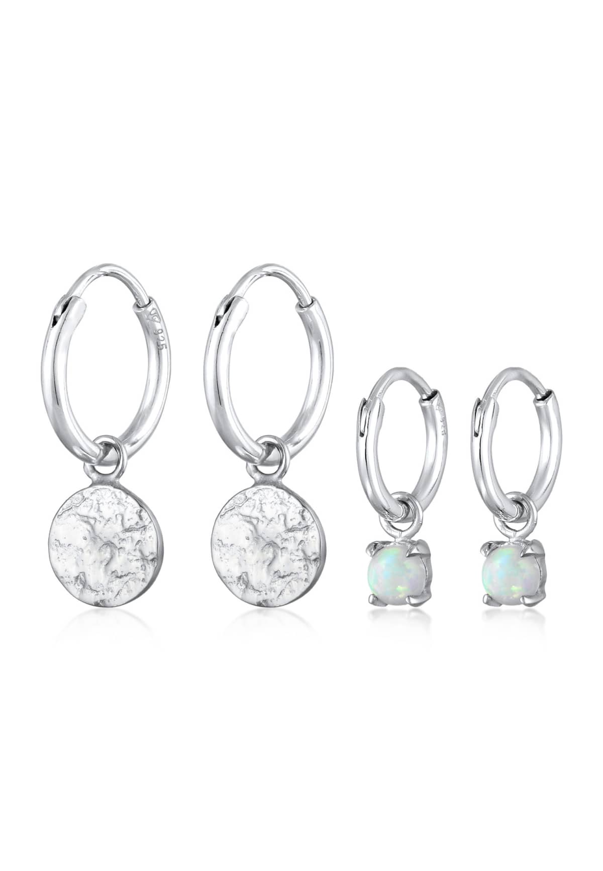 Elli Earrings ladies creoles platelet set of 2 with opal in 925 sterling silver in silver