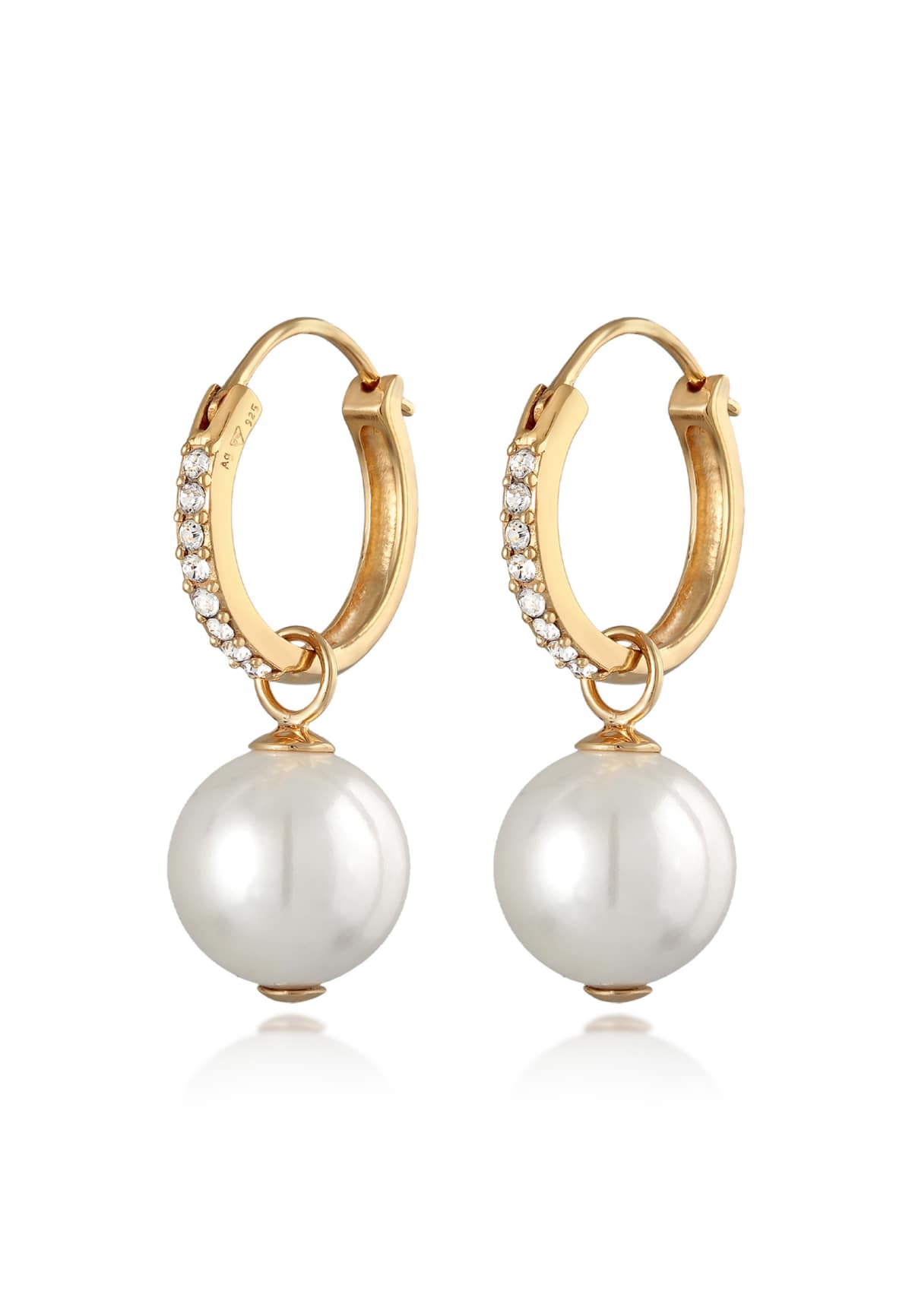 Elli Earrings ladies creoles sparkling with shell core pearls and crystals in 925 sterling silver gold plated in gold