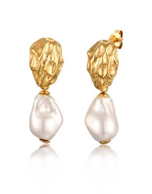 Elli - Goldfarbene, festliche Hängeohrringe aus vergoldetem 925er-Sterlingsilber mit eingefassten weißen Muschelperlen