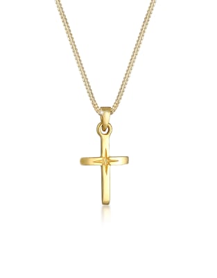 Elli - Goldfarbene Halskette aus 925er-Sterlingsilber mit Kreuzanhänger mit Sterngravur