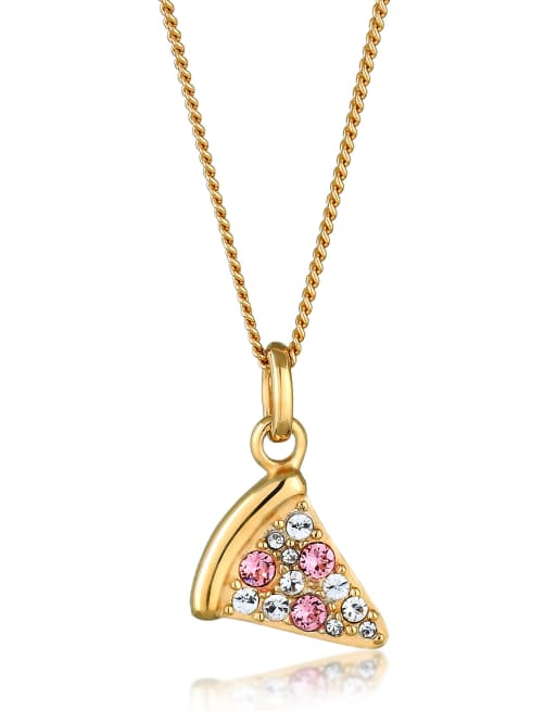 Elli – Goldfarbene Halskette aus vergoldetem 925er-Sterlingsilber mit Pizzaanhänger und mehrfarbigen Strasssteinchen im Xilion-Schliff