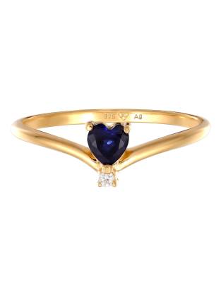 Elli - Goldfarbener Ring aus 925er-Sterlingsilber mit blauem Saphir-Schmuckstein und im Labor geschaffenem Kunst-Diamant...